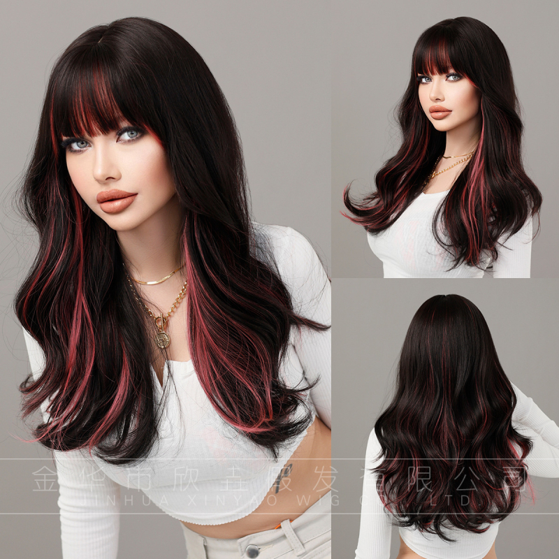 Perucă lungă buclată cu breton drept, Păr din fibră rezistentă la temperaturi înalte, Procesare mecanizată, Poate fi vopsită sau tratată cu permanent, Pentru femei