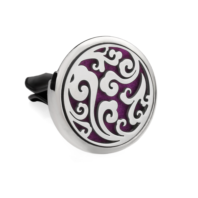 Clip aromaterapie auto, corp metalic, montaj la gurile de aer, parfum floral, conținut <5 ml, volatilizare 1–15 zile