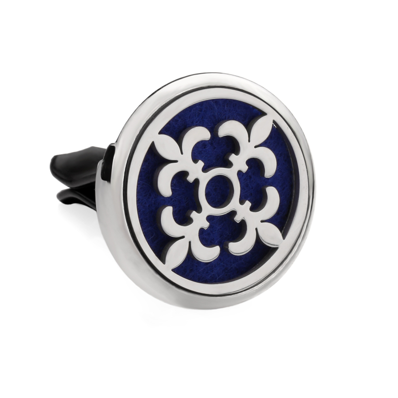 Clip aromaterapie auto, corp metalic, montaj la gurile de aer, parfum floral, conținut <5 ml, volatilizare 1–15 zile