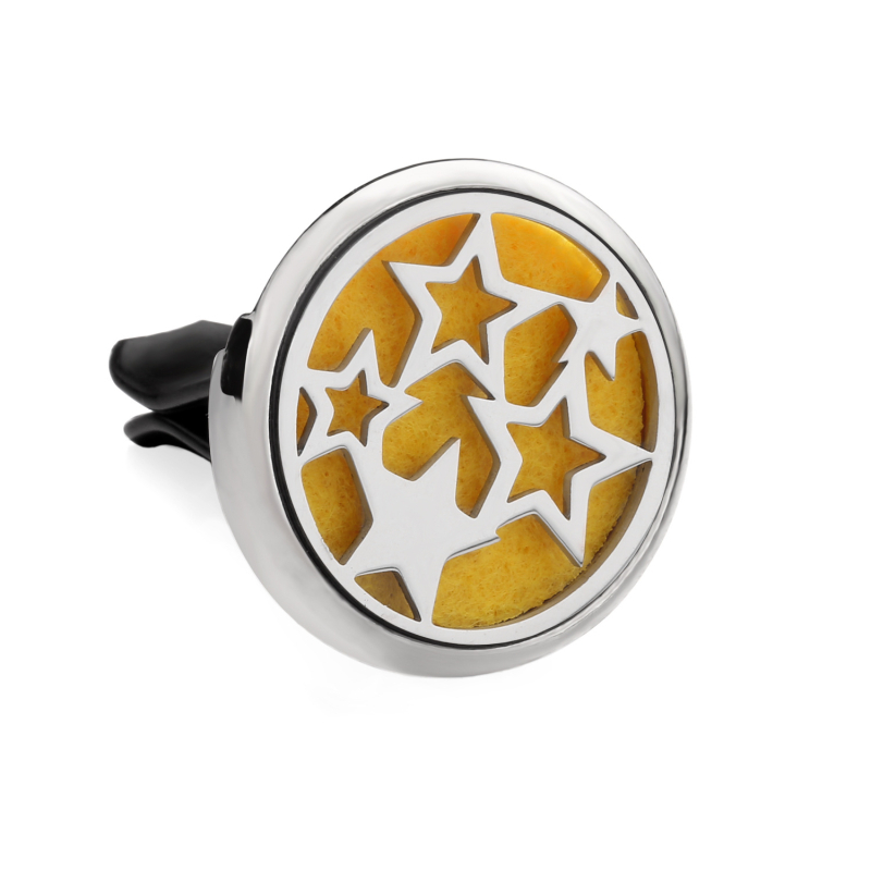 Clip aromaterapie auto, corp metalic, montaj la gurile de aer, parfum floral, conținut <5 ml, volatilizare 1–15 zile