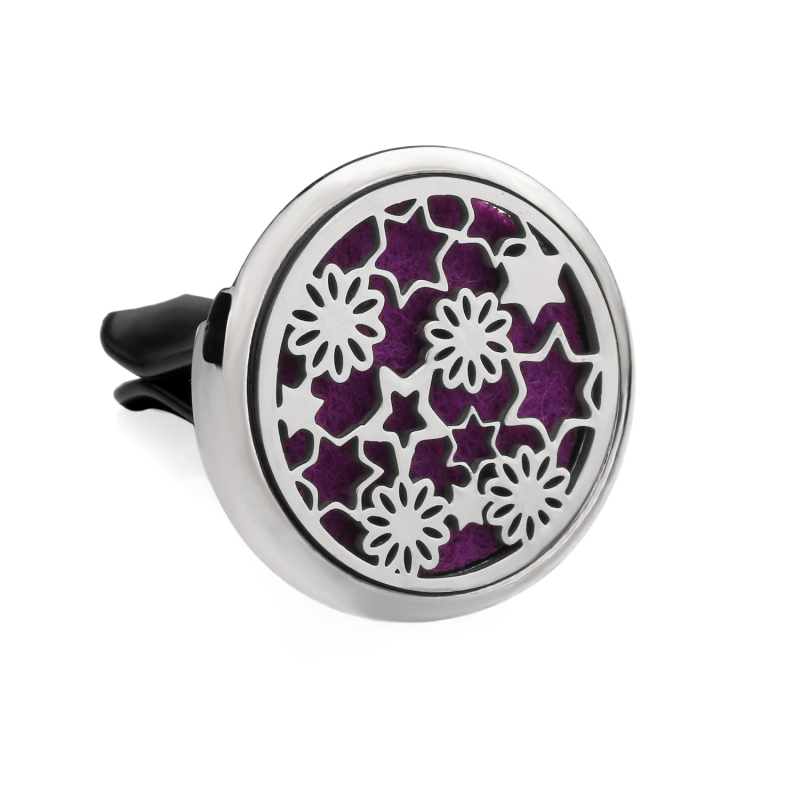 Clip aromaterapie auto, corp metalic, montaj la gurile de aer, parfum floral, conținut <5 ml, volatilizare 1–15 zile