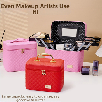 Cutie de machiaj cu capacitate mare, patru compartimente, PVC impermeabil, roți universale, închidere cu fermoar