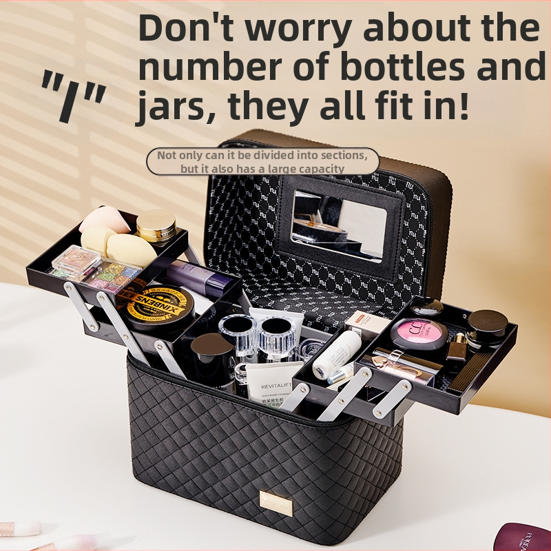 Кутия за грим с голям капацитет, четири отделения, водоустойчива PVC конструкция, универсални колела и цип за затваряне