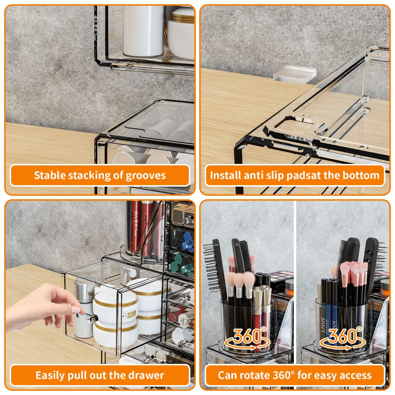 Skaidrus, sulankstomas stalčių dėklas kosmetikai ir smulkmenoms – biuro organizatorius nordiško stiliaus (akrilas; Yiwu kilmė)