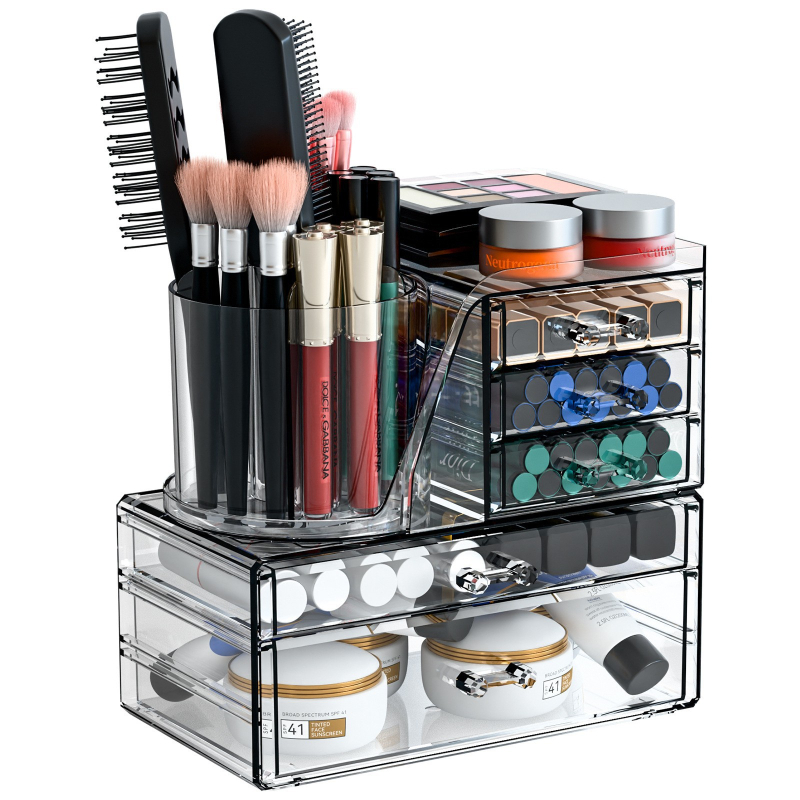 Skaidrus, sulankstomas stalčių dėklas kosmetikai ir smulkmenoms – biuro organizatorius nordiško stiliaus (akrilas; Yiwu kilmė)