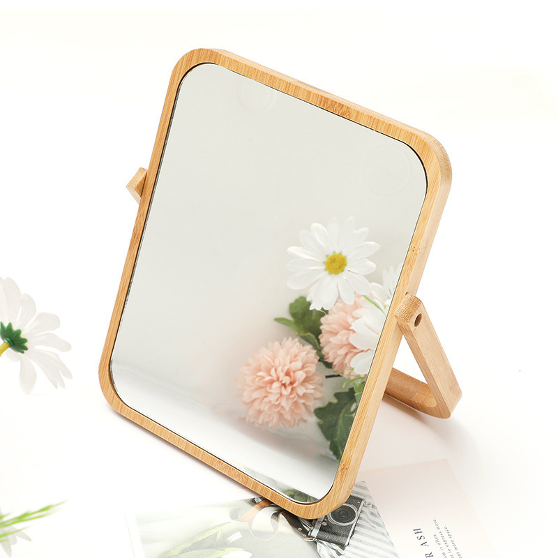 Десктоп козметично огледало с едностранна повърхност, дървена рамка, въртящо се, за спалня и баня, сребърна повърхност