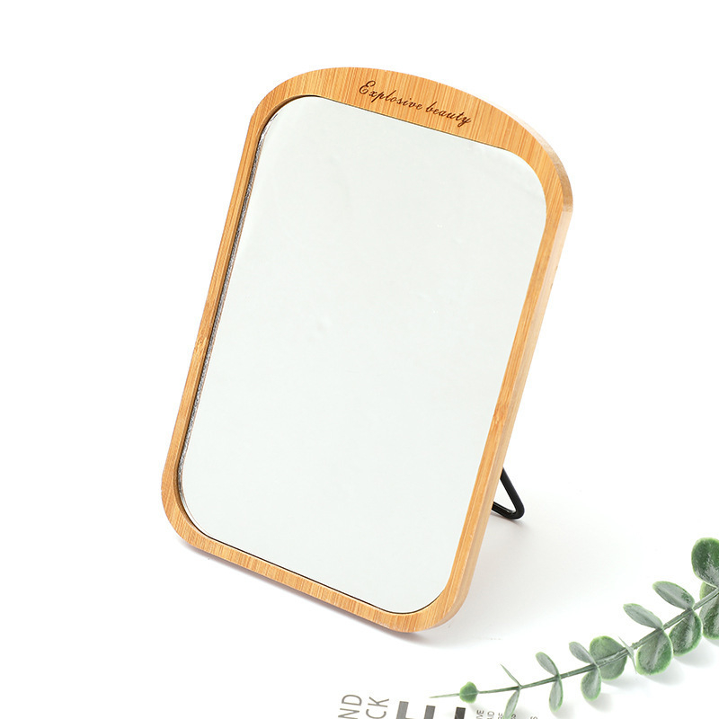 Десктоп козметично огледало с едностранна повърхност, дървена рамка, въртящо се, за спалня и баня, сребърна повърхност