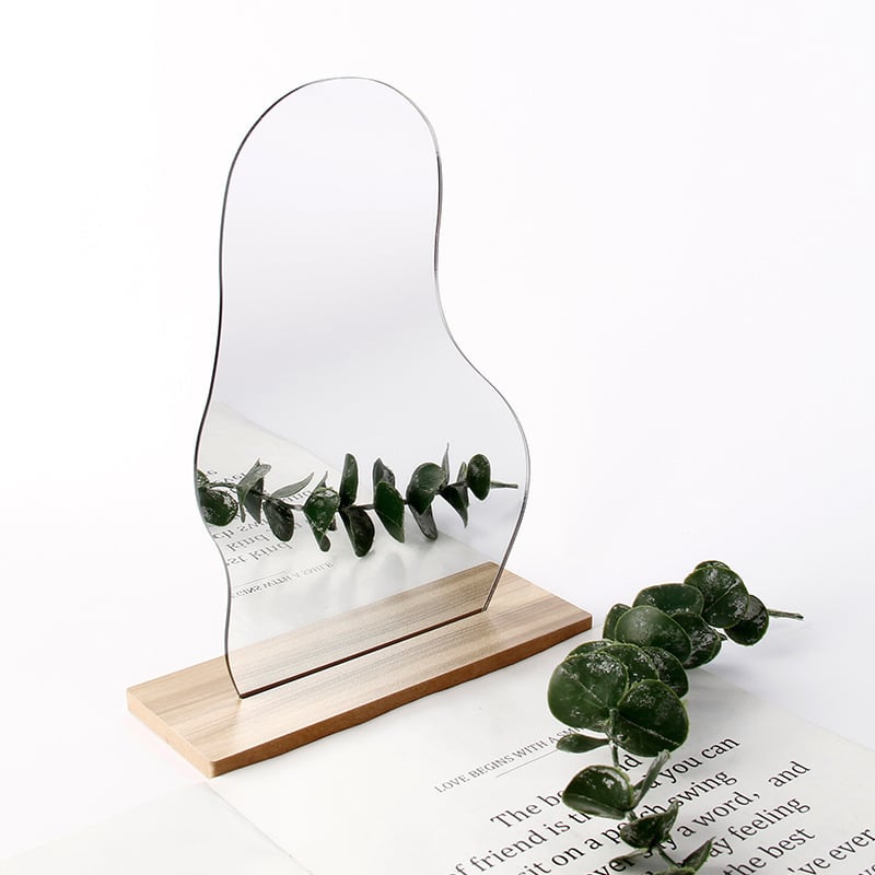 Десктоп козметично огледало с едностранна повърхност, дървена рамка, въртящо се, за спалня и баня, сребърна повърхност