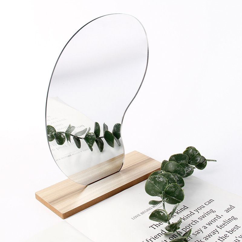 Десктоп козметично огледало с едностранна повърхност, дървена рамка, въртящо се, за спалня и баня, сребърна повърхност
