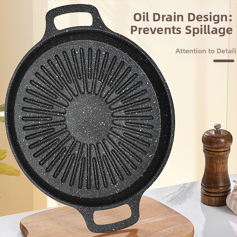 Железен кръгъл грил тиган за къмпинг – преносим, безdimо, незалепващ, лесно за почистване