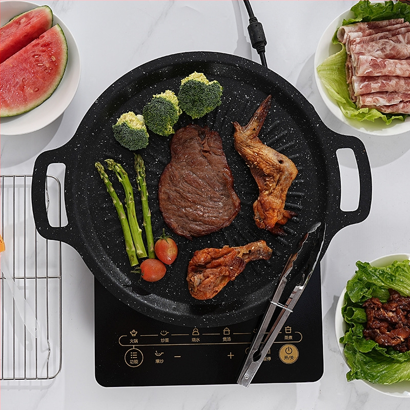 Железен кръгъл грил тиган за къмпинг – преносим, безdimо, незалепващ, лесно за почистване