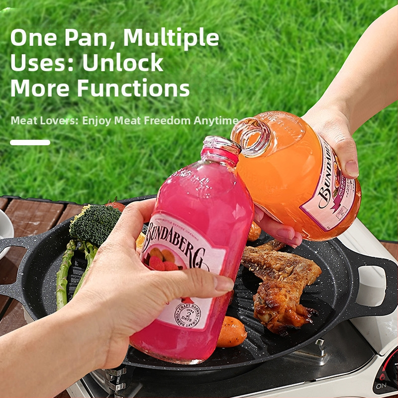 Железен кръгъл грил тиган за къмпинг – преносим, безdimо, незалепващ, лесно за почистване