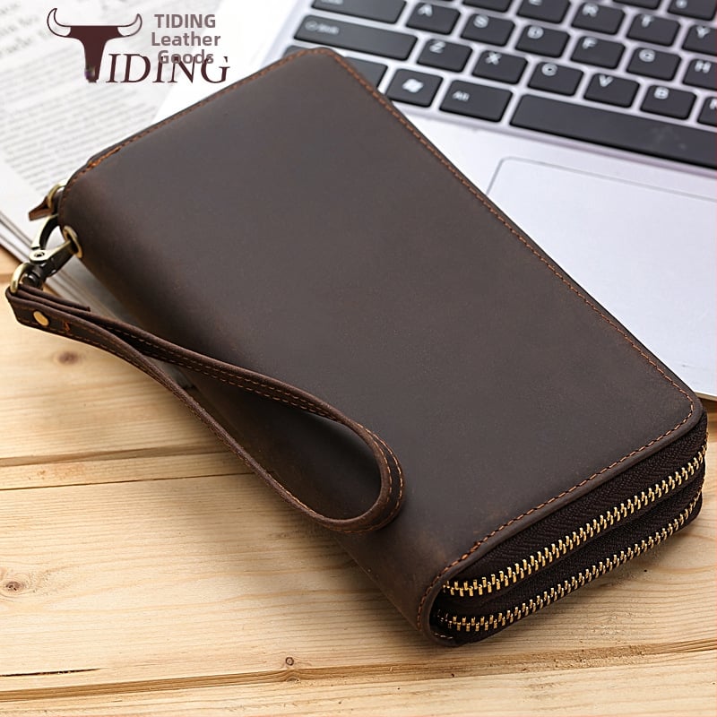 Дълъг портфейл от естествена кожа с двойни ципове, модел 4009, подплата найлон, марка Tiding