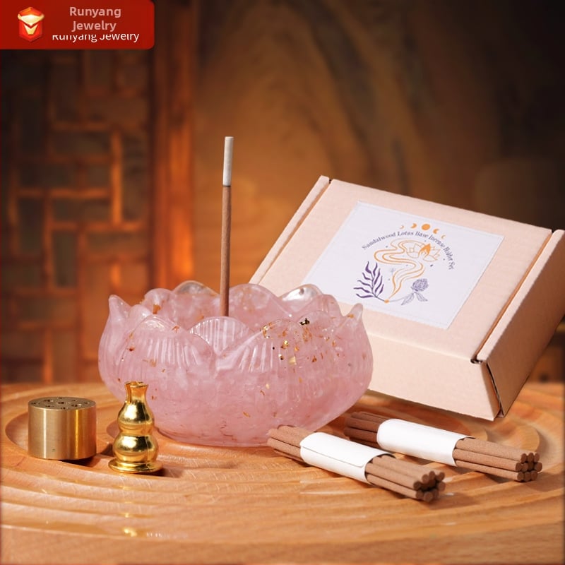 Държач за тамян с база за вмъкване и лотосов мотив, комплект от кристален чакъл в смола (Материал: кристал; Марка: Runyangshi; Категория: Геометрична форма)