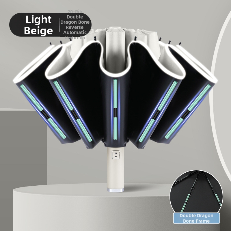 Automatinis atvirkštinis skėtis saulei ir lietui, UV apsauga UPF50+, lydinio rėmas su 10 stiebų, 210T poliesterio audinys, automatinis atidarymas uždarymas, logotipo spauda