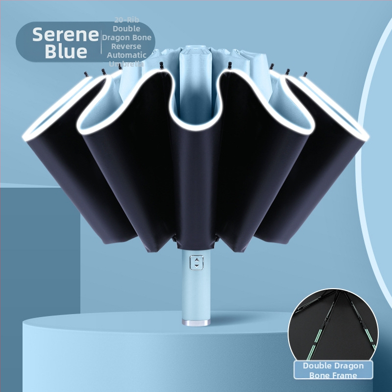 Automatinis atvirkštinis skėtis saulei ir lietui, UV apsauga UPF50+, lydinio rėmas su 10 stiebų, 210T poliesterio audinys, automatinis atidarymas uždarymas, logotipo spauda