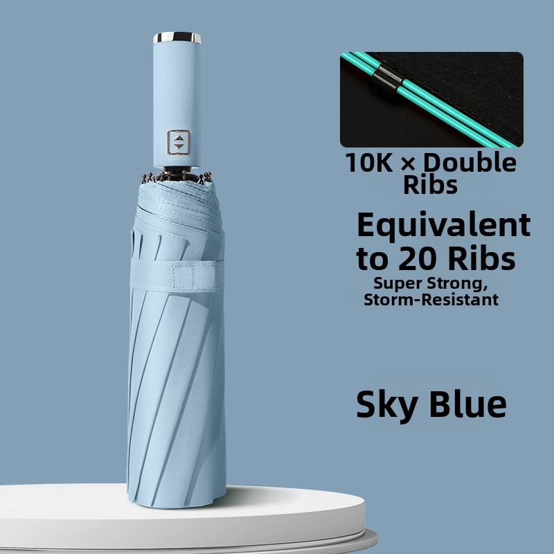 Automatinis atvirkštinis skėtis saulei ir lietui, UV apsauga UPF50+, lydinio rėmas su 10 stiebų, 210T poliesterio audinys, automatinis atidarymas uždarymas, logotipo spauda