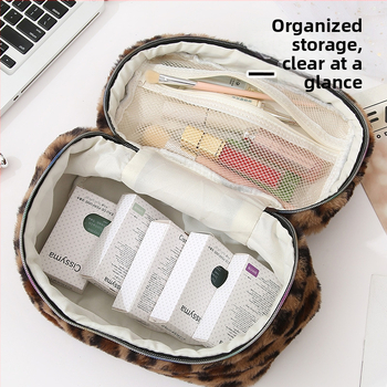 Плюшена козметична чанта с голям капацитет, леопардов принт, преносима чанта за пътуване и съхранение, подплата полиестер-памук