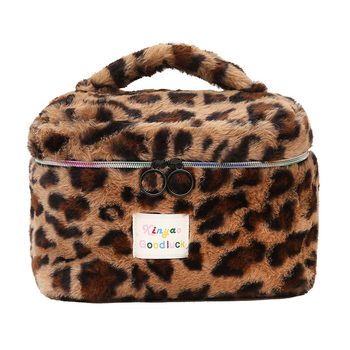 Плюшена козметична чанта с голям капацитет, леопардов принт, преносима чанта за пътуване и съхранение, подплата полиестер-памук