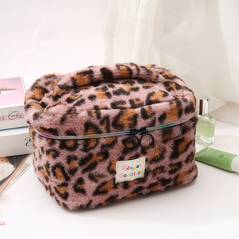 Plüss sminktáska, nagy kapacitású, leopard mintás, hordozható utazási tároló, bélés poliészter-pamut