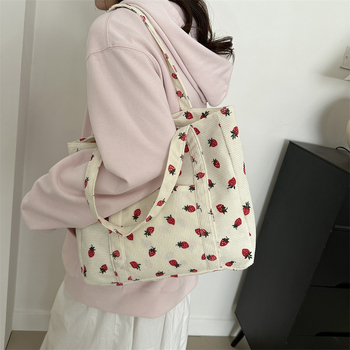 Corduroy Τσάντα Tote με επένδυση πολυεστέρα, φερμουάρ, εσωτερική θήκη για κινητό