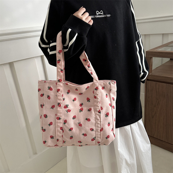 Corduroy Τσάντα Tote με επένδυση πολυεστέρα, φερμουάρ, εσωτερική θήκη για κινητό