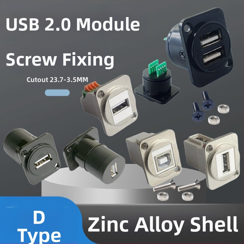 D tipo USB 2.0 modulis duomenų perdavimui, kampinis jungtis, su varžtų tvirtinimu ir dviguba lizda