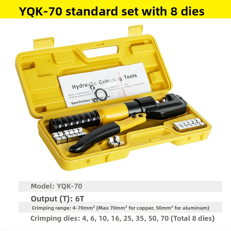 Rankinės hidraulinės kabelių įtvirtinimo replės su vario‑ ir aliuminio mentelėmis – 40Cr, modelis YQK70120240300, 4–70 mm² kabeliai, nešiojamas elektros įrankis