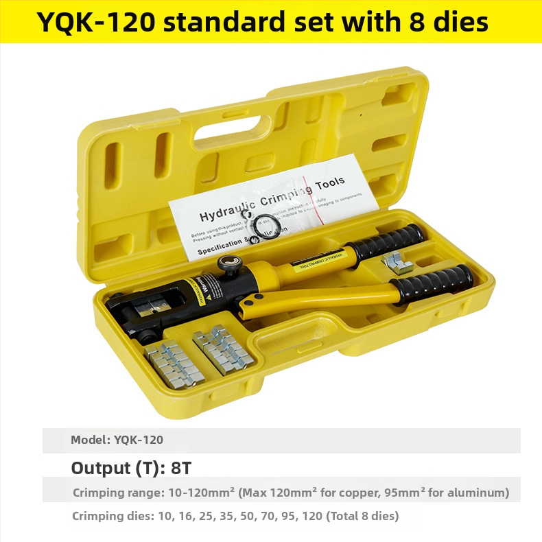 Rankinės hidraulinės kabelių įtvirtinimo replės su vario‑ ir aliuminio mentelėmis – 40Cr, modelis YQK70120240300, 4–70 mm² kabeliai, nešiojamas elektros įrankis