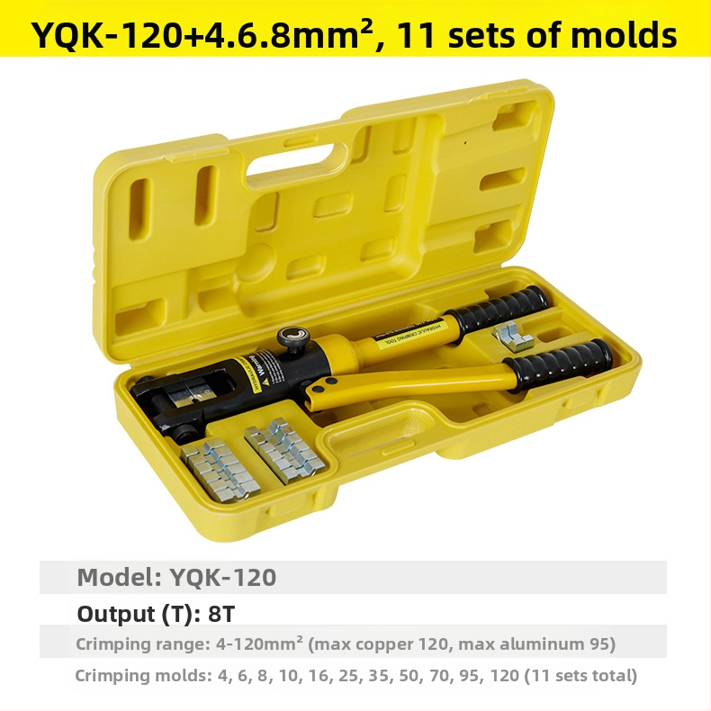 Rankinės hidraulinės kabelių įtvirtinimo replės su vario‑ ir aliuminio mentelėmis – 40Cr, modelis YQK70120240300, 4–70 mm² kabeliai, nešiojamas elektros įrankis