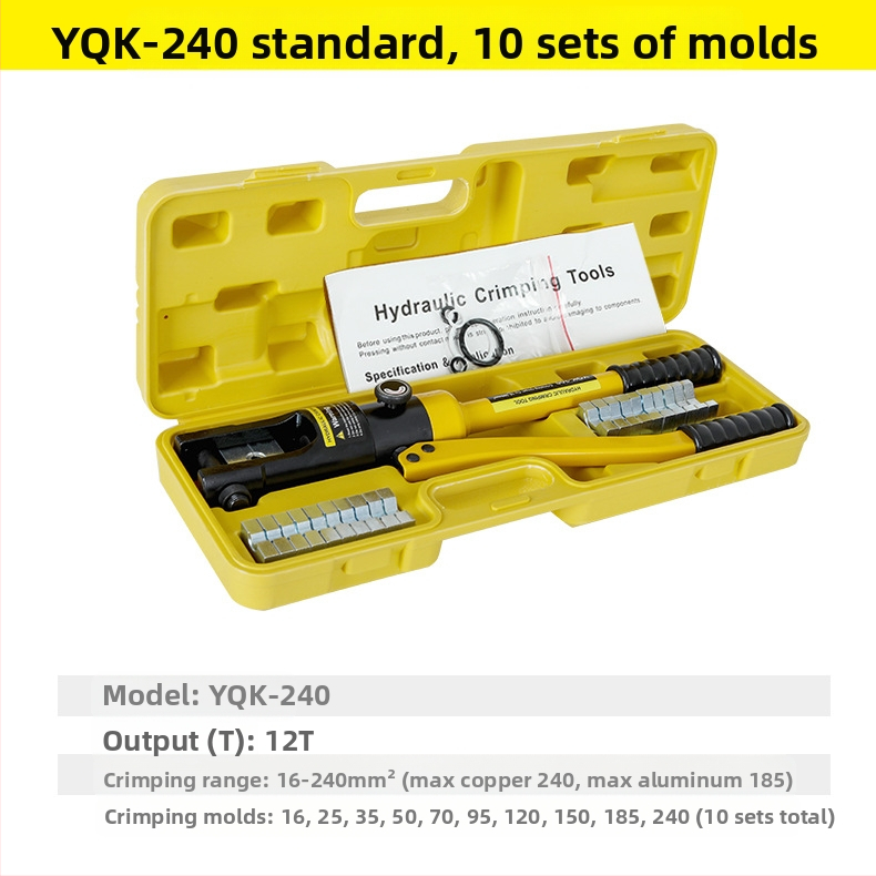 Rankinės hidraulinės kabelių įtvirtinimo replės su vario‑ ir aliuminio mentelėmis – 40Cr, modelis YQK70120240300, 4–70 mm² kabeliai, nešiojamas elektros įrankis