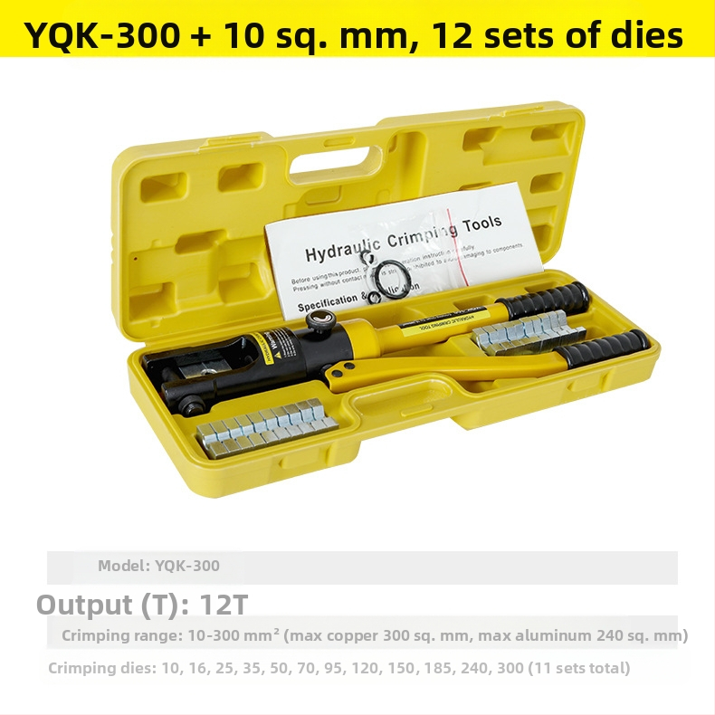 Rankinės hidraulinės kabelių įtvirtinimo replės su vario‑ ir aliuminio mentelėmis – 40Cr, modelis YQK70120240300, 4–70 mm² kabeliai, nešiojamas elektros įrankis