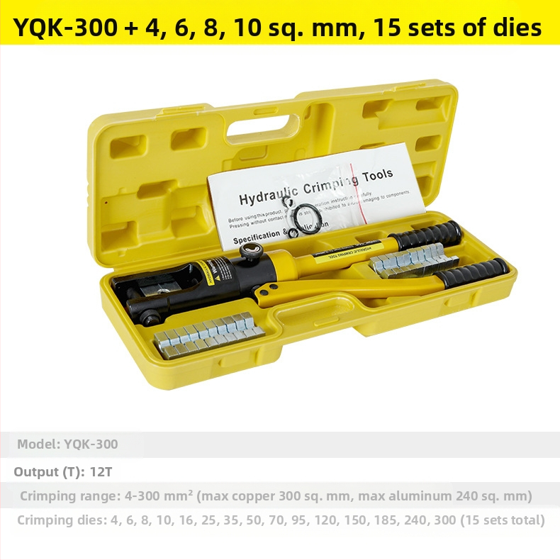 Rankinės hidraulinės kabelių įtvirtinimo replės su vario‑ ir aliuminio mentelėmis – 40Cr, modelis YQK70120240300, 4–70 mm² kabeliai, nešiojamas elektros įrankis