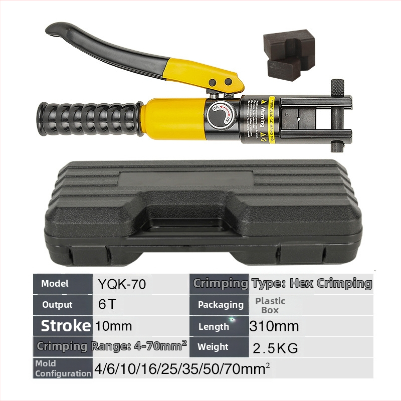 Rankinės hidraulinės kabelių įtvirtinimo replės su vario‑ ir aliuminio mentelėmis – 40Cr, modelis YQK70120240300, 4–70 mm² kabeliai, nešiojamas elektros įrankis