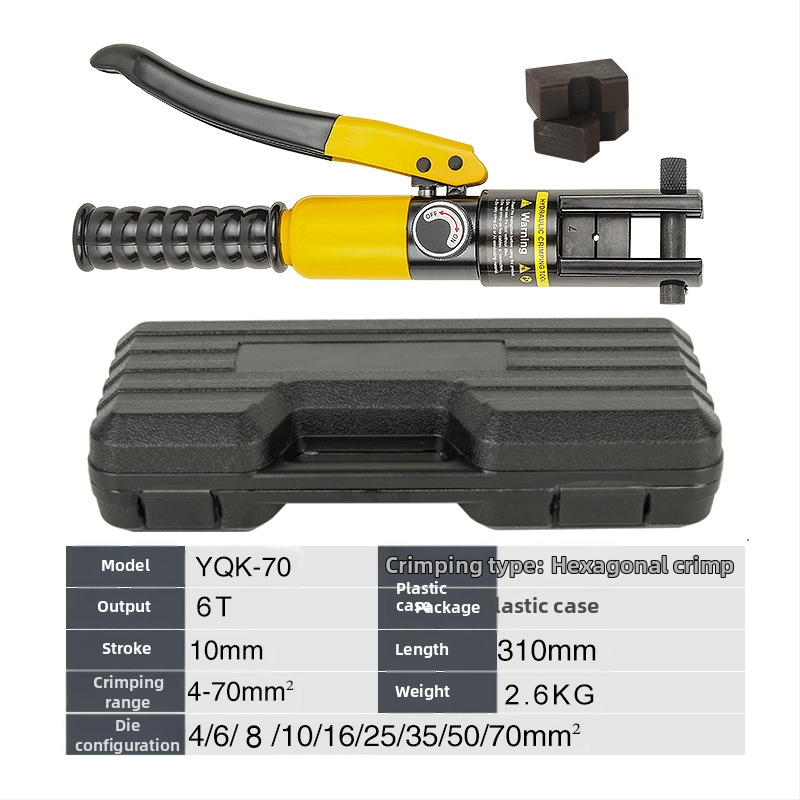Rankinės hidraulinės kabelių įtvirtinimo replės su vario‑ ir aliuminio mentelėmis – 40Cr, modelis YQK70120240300, 4–70 mm² kabeliai, nešiojamas elektros įrankis