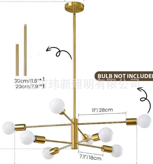 kovácsoltvas csillár, LED világítás, 110V, többfejes, 15–30㎡ hatótávolság, modell BK3090