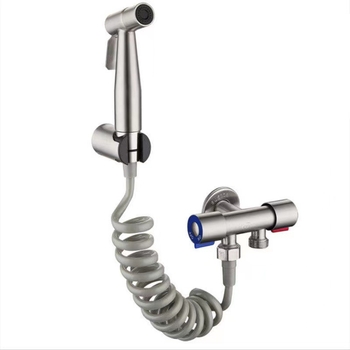 Комплект биде за тоалет от 304 неръждаема стомана, без пробиване, под налягане, стенна инсталация, 1 вход 2 изход, ъглов кран — модел Stainless Steel Toilet Mate