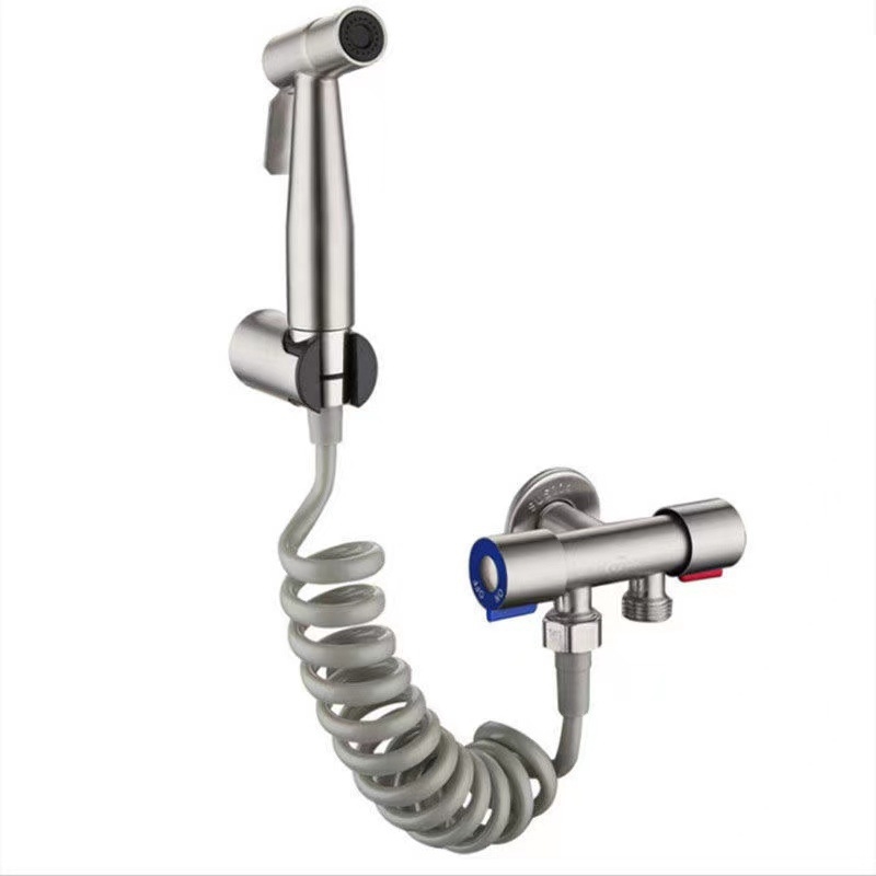 Комплект биде за тоалет от 304 неръждаема стомана, без пробиване, под налягане, стенна инсталация, 1 вход 2 изход, ъглов кран — модел Stainless Steel Toilet Mate