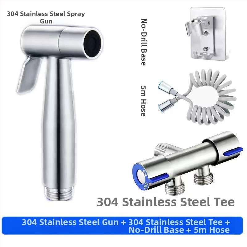 Комплект биде за тоалет от 304 неръждаема стомана, без пробиване, под налягане, стенна инсталация, 1 вход 2 изход, ъглов кран — модел Stainless Steel Toilet Mate