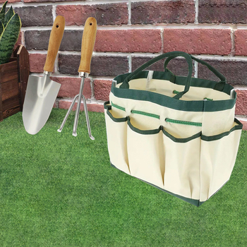 Geantă de depozitare pentru uneltele de grădină, capacitate mare, cu greblă cu trei dinți și lopată din fier