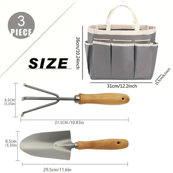 Geantă de depozitare pentru uneltele de grădină, capacitate mare, cu greblă cu trei dinți și lopată din fier