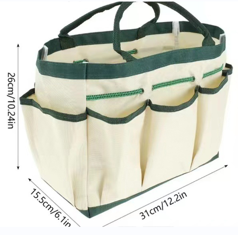 Geantă de depozitare pentru uneltele de grădină, capacitate mare, cu greblă cu trei dinți și lopată din fier