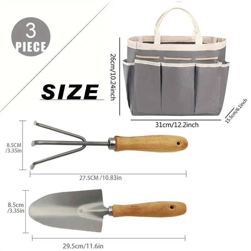 Geantă de depozitare pentru uneltele de grădină, capacitate mare, cu greblă cu trei dinți și lopată din fier