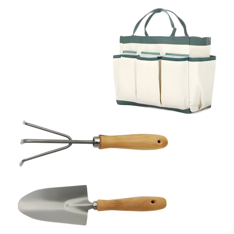 Geantă de depozitare pentru uneltele de grădină, capacitate mare, cu greblă cu trei dinți și lopată din fier