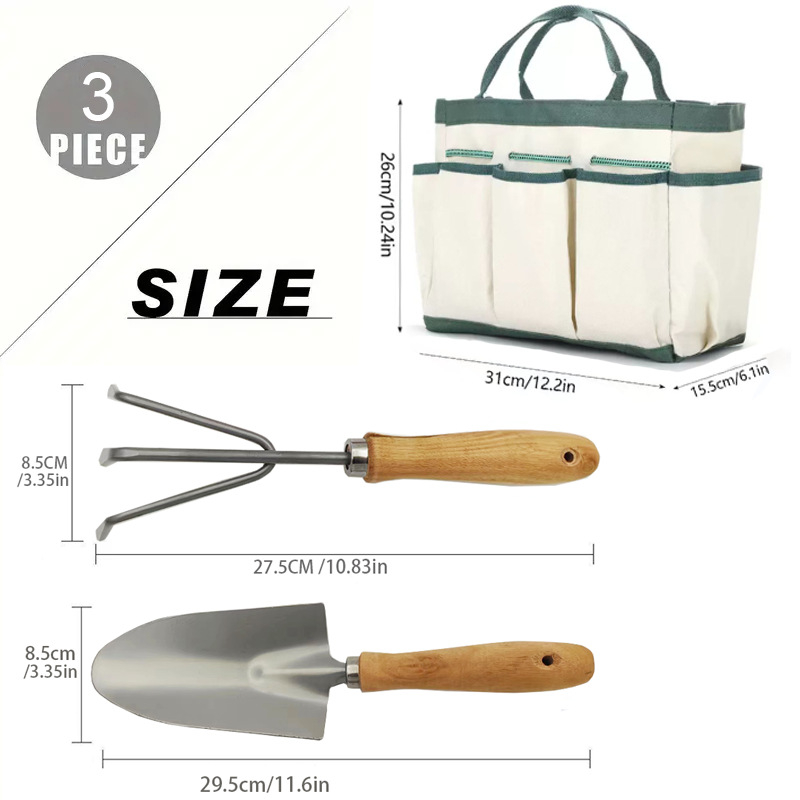 Geantă de depozitare pentru uneltele de grădină, capacitate mare, cu greblă cu trei dinți și lopată din fier