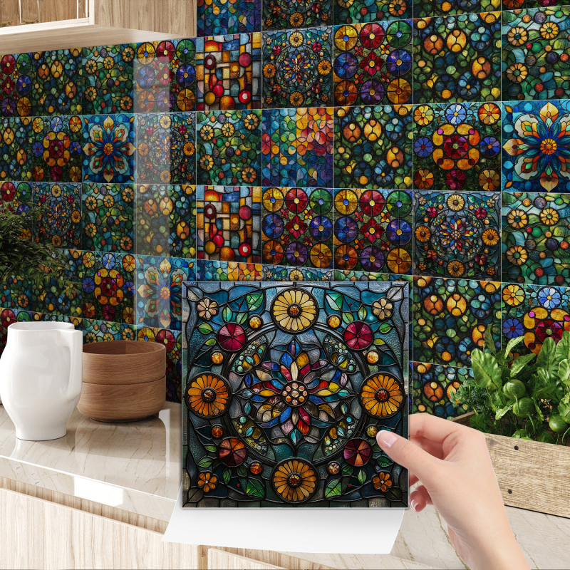 PVC zidni dekorativni flaster – samoljepljivi, vodootporni i otporni na masnoću, plosnati stil, kvadratičan/cvjetni uzorak, 5+ komada za dnevni boravak, kuhinju i kupaonu