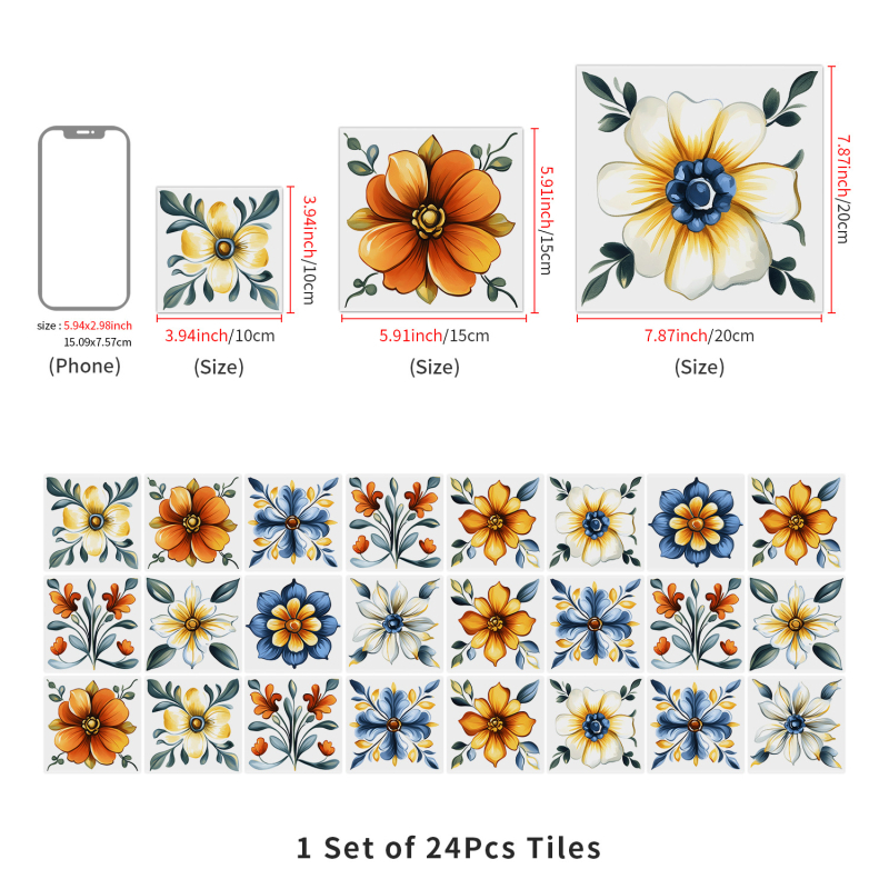PVC zidni dekorativni flaster – samoljepljivi, vodootporni i otporni na masnoću, plosnati stil, kvadratičan/cvjetni uzorak, 5+ komada za dnevni boravak, kuhinju i kupaonu