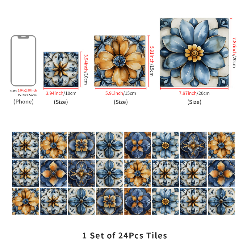 PVC zidni dekorativni flaster – samoljepljivi, vodootporni i otporni na masnoću, plosnati stil, kvadratičan/cvjetni uzorak, 5+ komada za dnevni boravak, kuhinju i kupaonu