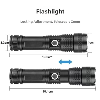 Φακός με τηλεσκοπικό ζουμ, σώμα από κράμα αλουμινίου, USB επαναφορτιζόμενος, LED 10W, ακτίνα 200–500 m για εξωτερική χρήση