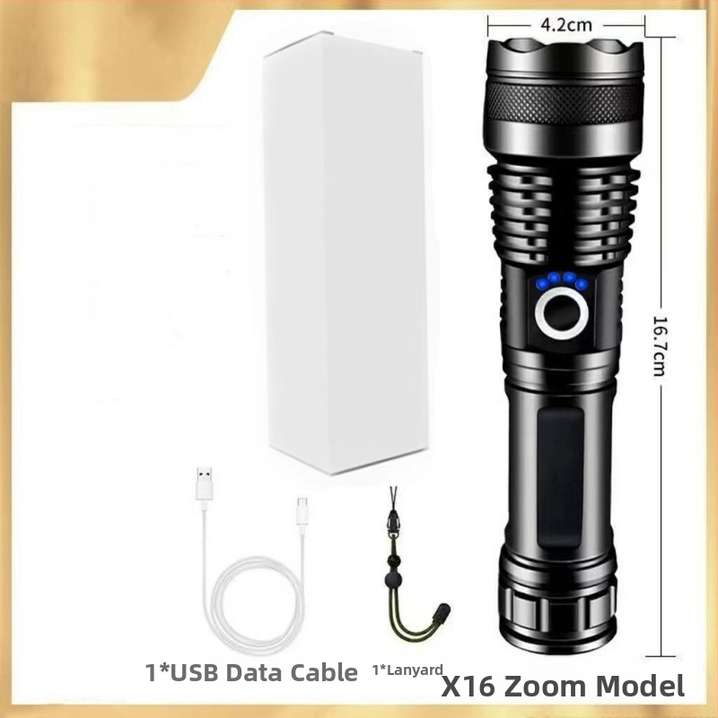 Фенер с телескопично увеличение, алуминиев корпус, USB презареждане, LED 10W, обхват 200–500 м за къмпинг и на открито